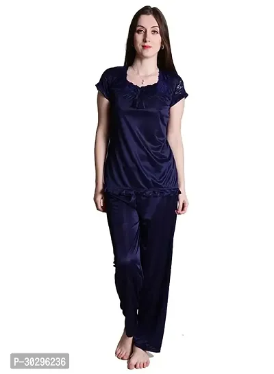 Beautiful Navy Blue Satin Solid Nighty For Women-thumb0