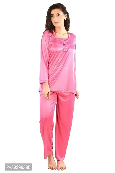 Beautiful Pink Satin Solid Nighty For Women