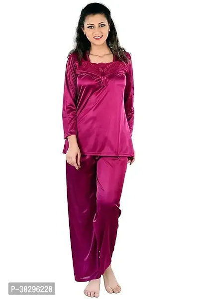 Beautiful Maroon Satin Solid Nighty For Women