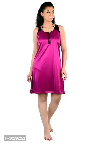 Beautiful Maroon Satin Solid Nightdress For Women-thumb0