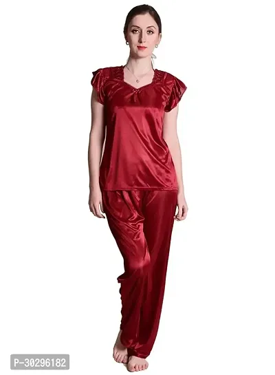 Beautiful Maroon Satin Solid Nighty For Women-thumb0