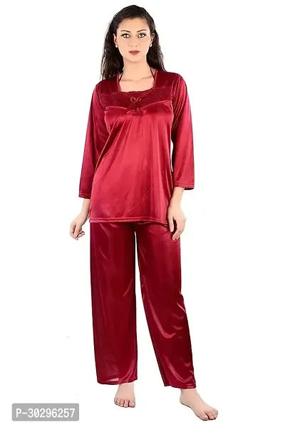 Beautiful Red Satin Solid Nighty For Women