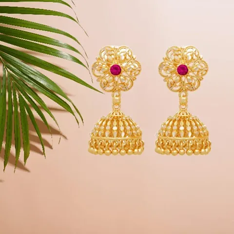 TRINETRI Traditional Temple Jewellery Gold Ethnic Brass Stylish South Indian Screw Back Studs Round Ruby Jhumkas Set Jhumka Earrings For Women girls Ladies