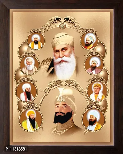 Art n Store All Ten Sikh Gurus Unique Painting, HD Printed Religious & Decor Picture with Plane Brown Frame (30 X 23.5 X 1.5 cm_ Brown Wood)-thumb0