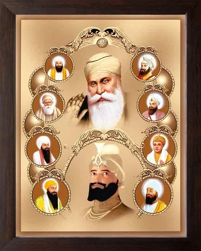 Art n Store All Ten Sikh Gurus Unique Painting, HD Printed Religious & Decor Picture with Plane Brown Frame (30 X 23.5 X 1.5 cm_ Brown Wood)
