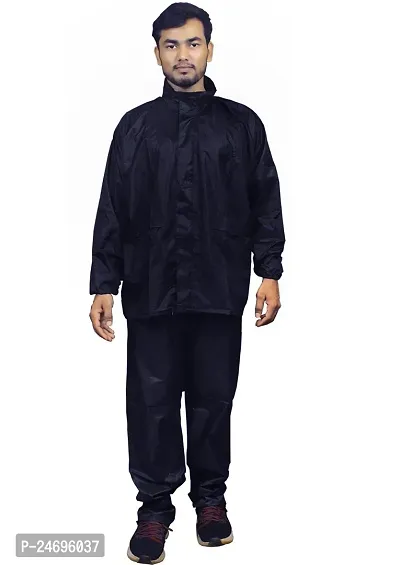 Neekshaa Men Rainwear Men Raincoat Set Coat with Pant Waterproof with Adjustable Hood Rainsuit Size-Free (Blue)-thumb0