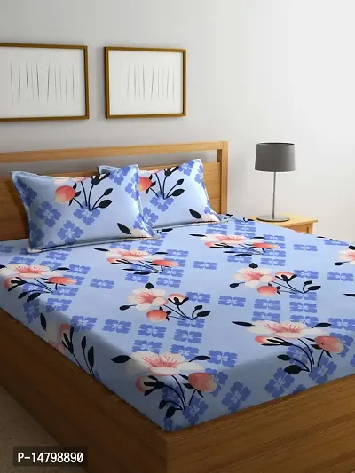 Neekshaa Elastic Fitted Cotton Double Printed Bedsheet with Two Pillow Covers_Size-72x78+8 inches (Blue Flower Design)