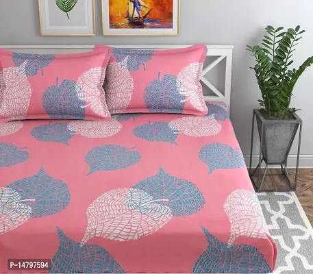 Neekshaa Elastic Fitted Glace Cotton Double Printed Bedsheet with Two Pillow Covers_Size-72x78+8 inches (Pink Leaf Design)-thumb2