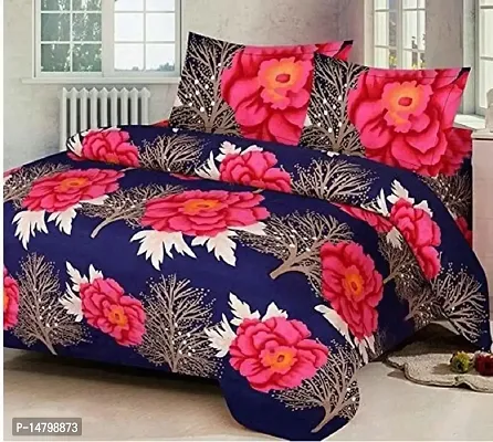 Neekshaa 3D Polycotton Double Bed Bedsheet with Two Pillow Covers_Size-90 * 90 inch (Pink  Blue Flower Design)