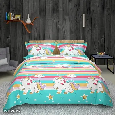 Neekshaa 220 TC Kids Printed Cotton Double Bed Bedsheet with Two Pillow Covers_Size-90*90 inch (Unicorn Design)