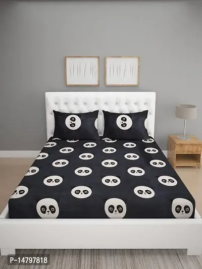 Neekshaa Kids Printed Elastic Fitted Glace Cotton Double Bedsheet with Two Pillow Covers_Size-72x78+8 inches (Panda Design)