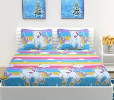 Neekshaa Kids Printed Elastic Fitted Glace Cotton Double Bedsheet with Two Pillow Covers_Size-72x78+8 inches (Unicorn Design)-thumb1