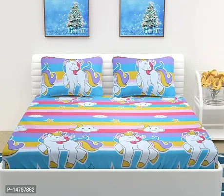 Neekshaa Kids Printed Elastic Fitted Glace Cotton Double Bedsheet with Two Pillow Covers_Size-72x78+8 inches (Unicorn Design)-thumb2