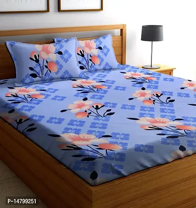 Neekshaa Cotton Elastic Fitted Double Printed Bedsheet with Two Pillow Covers_Size-72x78+8 inches (Blue Flower Design)