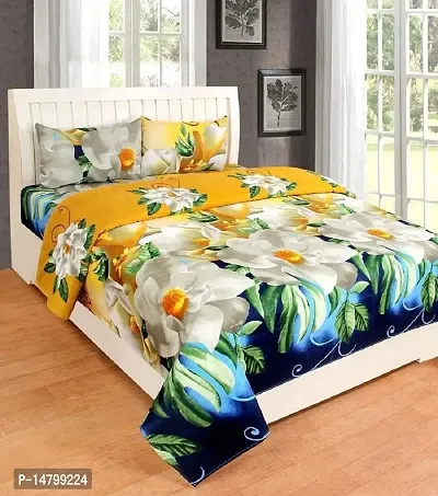 Neekshaa 3D Polycotton Double Bed bedsheet with Two Pillow Cover_Size-90 * 90 inch (White Flower Design)