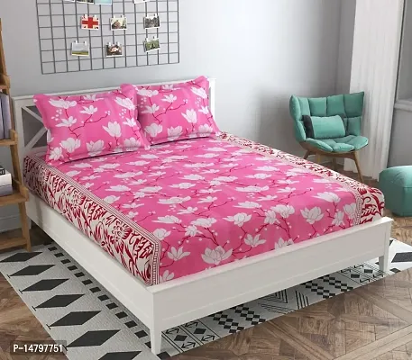 Neekshaa 3D Polycotton Double Bed Bedsheet with Two Pillow Covers_Size-90 * 90 inch (Pink Flower Design)