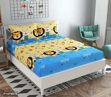 Neekshaa Kids Printed Glace Cotton Elastic Fitted Double Bedsheet with Two Pillow Covers_Size-72x78+8 inches (Lion Design)