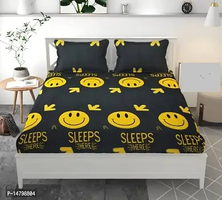 Neekshaa Elastic Fitted Glace Cotton Double Printed Bedsheet with Two Pillow Covers_Size-72x78+8 inches (Smiley Design)