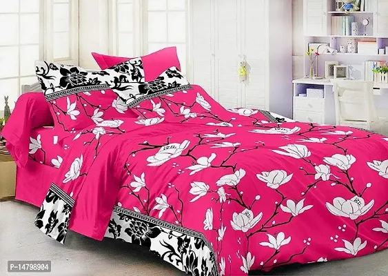 Neekshaa 3D Polycotton Double Bed bedsheet with Two Pillow Cover_Size-88 * 88 inch (Pink Flower Design)-thumb0