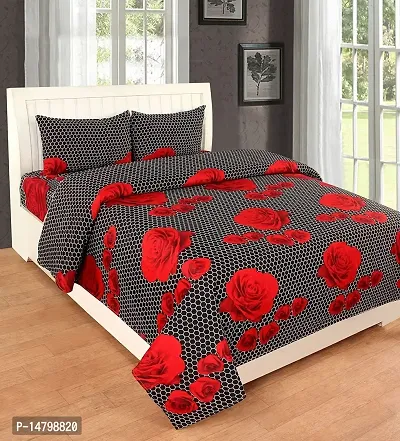 Neekshaa 3D Polycotton Double Bed bedsheet with Two Pillow Cover_Size-90 * 90 inch (Black and Red Flower Design)