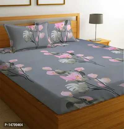 Neekshaa Cotton Elastic Fitted Double Printed Bedsheet with Two Pillow Covers_Size-72x78+8 inches (Pink Flower Design)