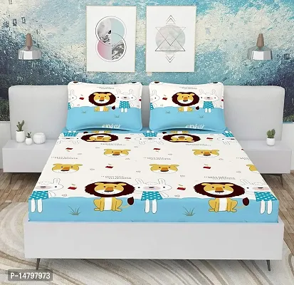 Neekshaa Kids Printed Elastic Fitted Glace Cotton Double Bedsheet with Two Pillow Covers_Size-72x78+8 inches (Lion Design)