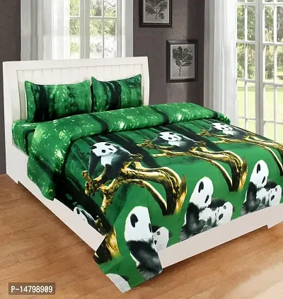 Neekshaa 3D Polycotton Double Bed bedsheet with Two Pillow Cover_Size-90 * 90 inch (Green Panda Design)