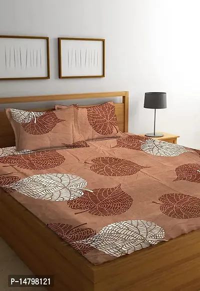Neekshaa Elastic Fitted Cotton Double Printed Bedsheet with Two Pillow Covers_Size-72x78+8 inches (Brown Leaf Design)