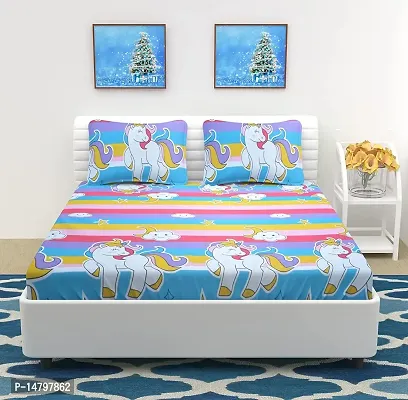 Neekshaa Kids Printed Elastic Fitted Glace Cotton Double Bedsheet with Two Pillow Covers_Size-72x78+8 inches (Unicorn Design)