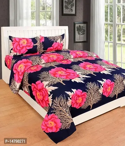 Neekshaa 3D Polycotton Double Bed bedsheet with Two Pillow Cover_Size-90 * 90 inch (Pink  Blue Flower Design)