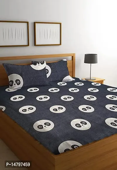 Neekshaa Kids Printed Elastic Fitted Cotton Double Bedsheet with Two Pillow Covers_Size-72x78+8 inches (Panda Design)