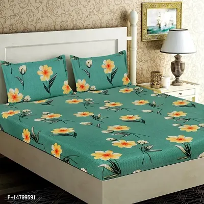Neekshaa Cotton Elastic Fitted Double Printed Bedsheet with Two Pillow Covers_Size-72x78+8 inches (Flower Design)