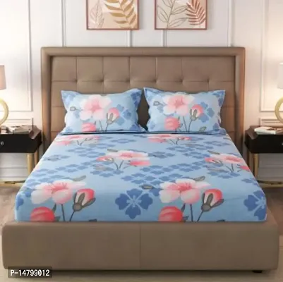 Neekshaa Elastic Fitted Glace Cotton Double Printed Bedsheet with Two Pillow Covers_Size-72x78+8 inches (Blue Flower Design)