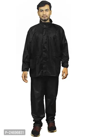 Neekshaa Men Rainwear Men Raincoat Set Coat with Pant Waterproof with Adjustable Hood Rainsuit Size-XXL (Black)-thumb0