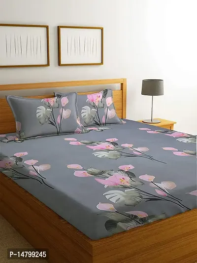 Neekshaa Elastic Fitted Cotton Double Printed Bedsheet with Two Pillow Covers_Size-72x78+8 inches (Pink Flower Design)