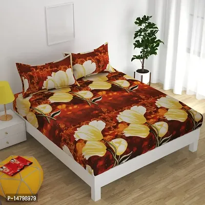 Neekshaa 3D Polycotton Double Bed Bedsheet with Two Pillow Covers_Size-90 * 90 inch (Brown Flower Design)