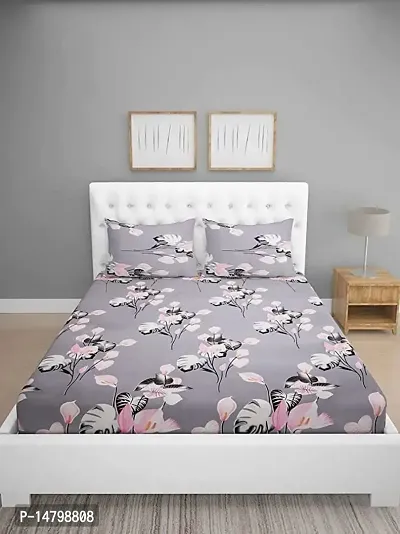 Neekshaa Elastic Fitted Glace Cotton Double Printed Bedsheet with Two Pillow Covers_Size-72x78+8 inches (Pink Flower Design)