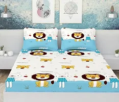 Neekshaa Kids Printed Elastic Fitted Glace Cotton Double Bedsheet with Two Pillow Covers_Size-72x78+8 inches (Lion Design)-thumb1