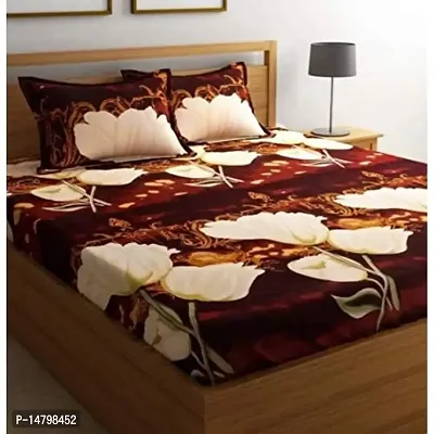 Neekshaa 3D Polycotton Double Bed bedsheet with Two Pillow Cover_Size-88 * 88 inch (Brown Flower Design)-thumb0