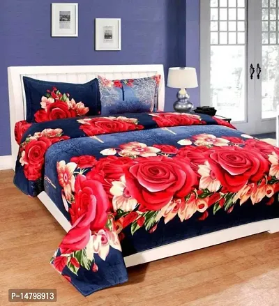 Neekshaa 3D Polycotton Double Bed bedsheet with Two Pillow Cover_Size-90 * 90 inch (Red Flower Blue Design)