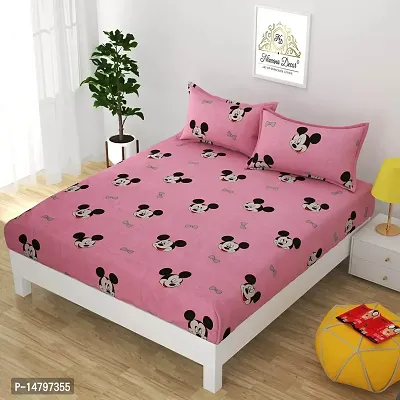 Neekshaa Kids Printed Elastic Fitted Cotton Double Bedsheet with Two Pillow Covers_Size-72x78+8 inches (Mickey Design)