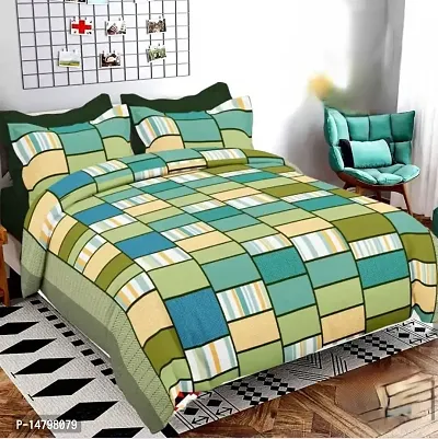 Neekshaa 3D Polycotton Double Bed Bedsheet with Two Pillow Covers_Size-90 * 90 inch (Green Check Design)