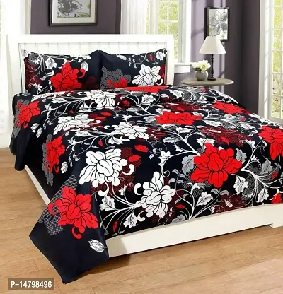 Neekshaa 3D Polycotton Double Bed bedsheet with Two Pillow Cover_Size-88 * 88 inch (Red  White Flower Design)