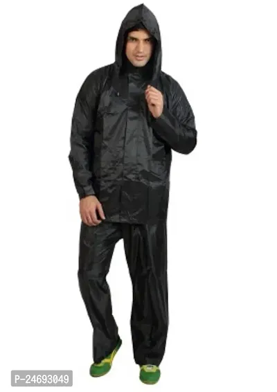 Neekshaa Men Raincoat with Adjustable Hood Waterproof semi Nylon Jacket  Pant with Carrying Pouch Size- XXL (Black)-thumb0