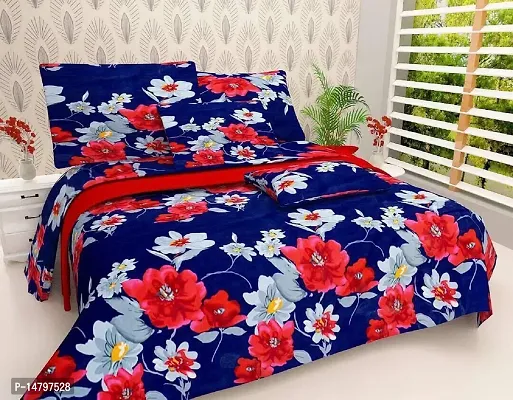 Neekshaa 3D Polycotton Double Bed Bedsheet with Two Pillow Covers_Size-90 * 90 inch (Blue Flower Design)