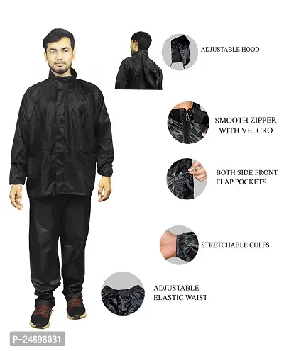 Neekshaa Men Rainwear Men Raincoat Set Coat with Pant Waterproof with Adjustable Hood Rainsuit Size-XXL (Black)-thumb3