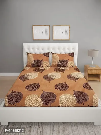 Neekshaa Elastic Fitted Glace Cotton Double Printed Bedsheet with Two Pillow Covers_Size-72x78+8 inches (Brown Leaf Design)