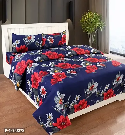 Neekshaa 3D Polycotton Double Bed bedsheet with Two Pillow Cover_Size-88 * 88 inch (Blue Flower Design)