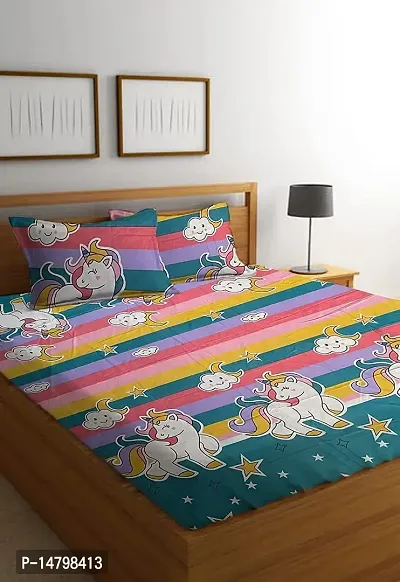 Neekshaa Kids Printed Elastic Fitted Cotton Double Bedsheet with Two Pillow Covers_Size-72x78+8 inches (Unicorn Design)