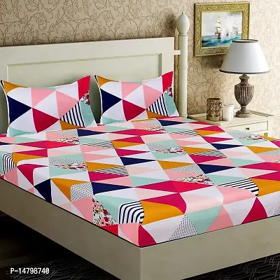 Neekshaa Elastic Fitted Glace Cotton Double Printed Bedsheet with Two Pillow Covers_Size-72x78+8 inches (Triangle Design)